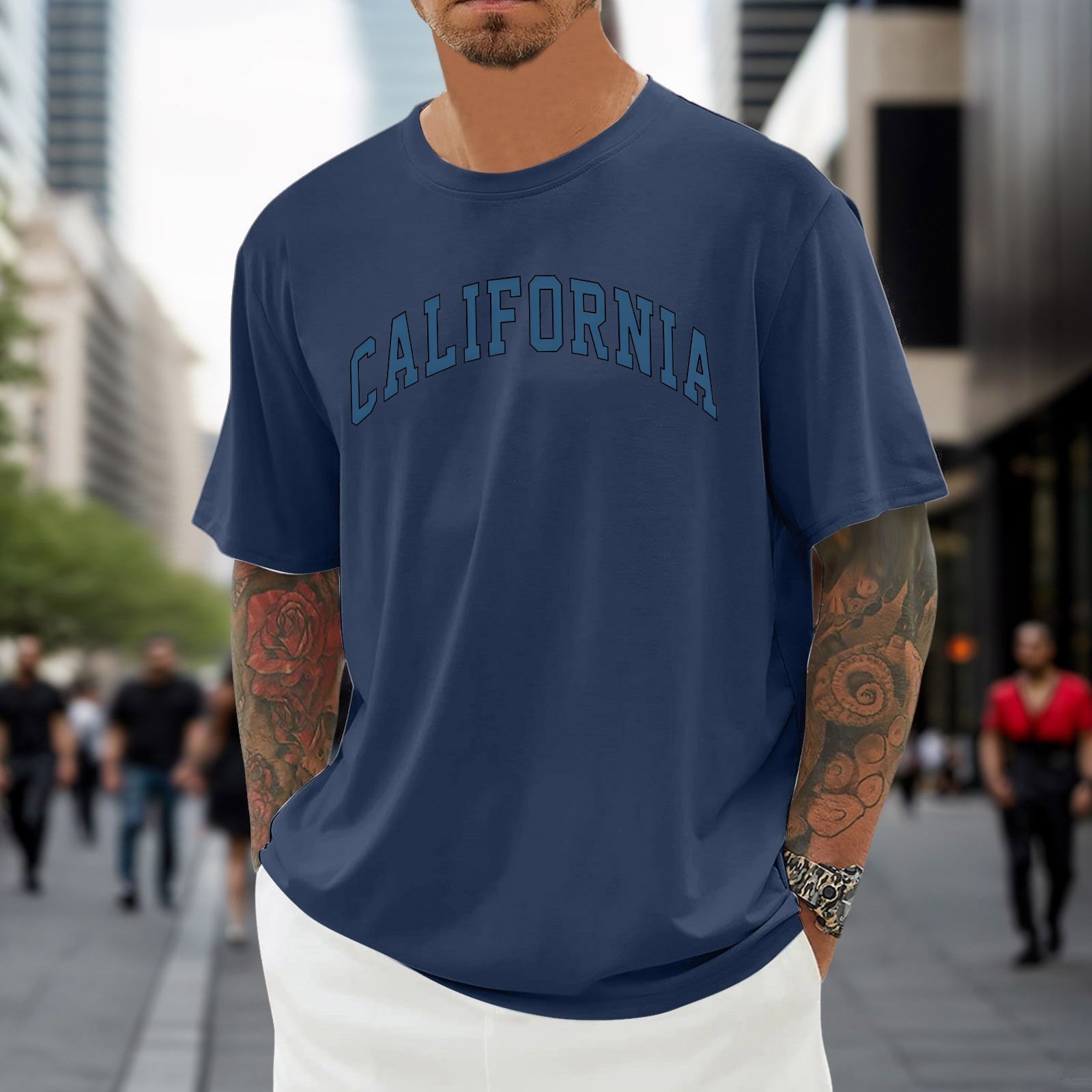 thumbnail image 3 of Camiseta oversize de verano para hombre - Cuello redondo y manga corta con estampado urbano - Camiseta deportiva holgada e informal, 3 of 5